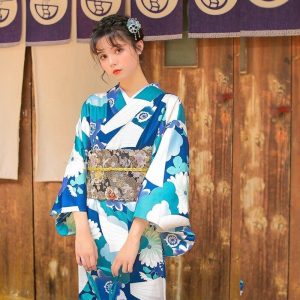 Japanse Kimono Dames Patroon Blauwe Bloemen - M