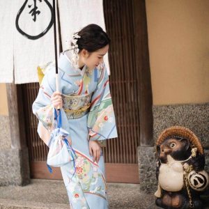 Japanse Kimono Dames Patroon Blauwe Bloemen - M