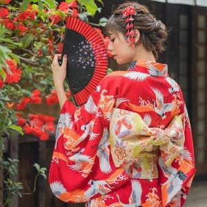 Japanse Kimono Vrouw Rode Kraanvogel - M