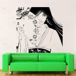 Japanse Muursticker Vrouw met Waaier - 56x60cm