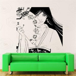Japanse Muursticker Vrouw met Waaier - 56x60cm