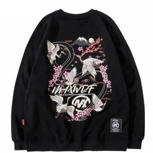 Japanse Sweater Kraanvogels - Zwart