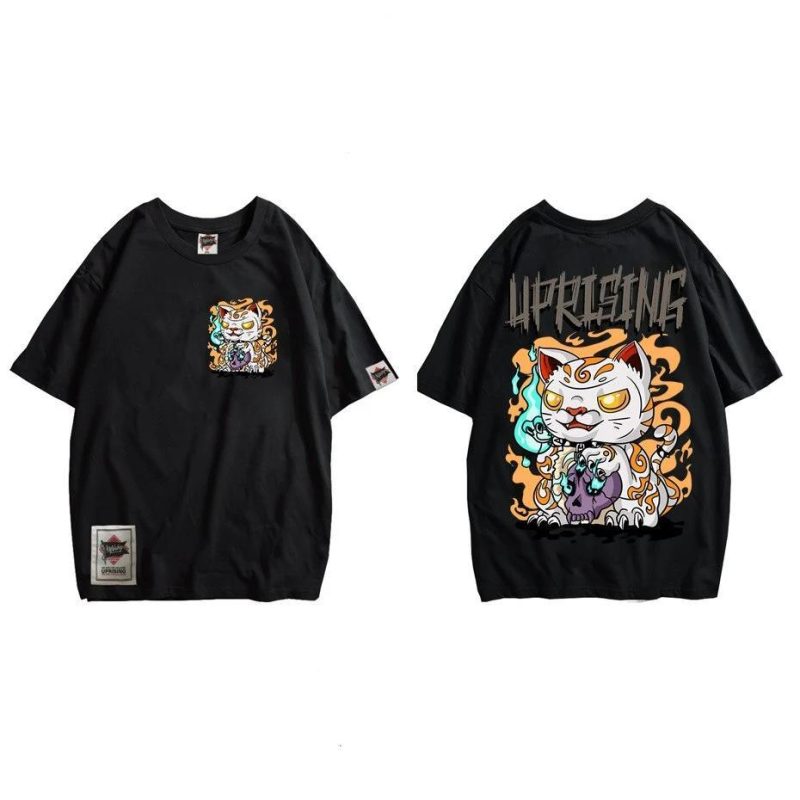 Japanse T-shirt Uprising Kat - Zwart
