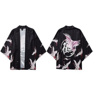 Kimono Haori Japanse Kraanvogel - Zwart
