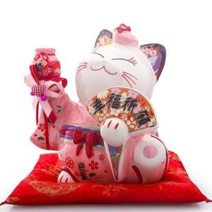 Maneki Neko Blauw en Roze - Groot Roze