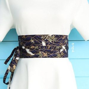 Marineblauwe Obi-riem met Kraanvogels - L