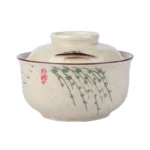 Japanische Ramen Schale mit Deckel aus gesprenkelter Keramik mit gemaltem Weidenmotiv