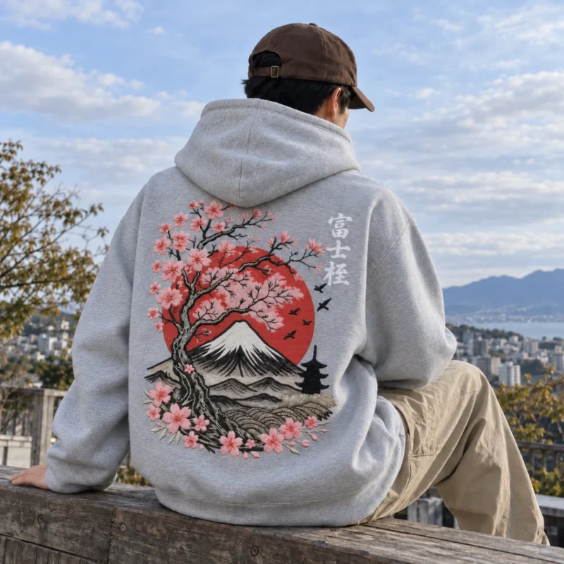 Japanischer Hoodie Osaka Tempel – grau, sitzend von hinten