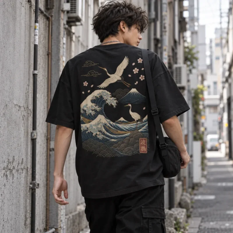 Japanisches T-Shirt Freedom in Schwarz, Print mit Kranichen und Wellen auf dem Rücken